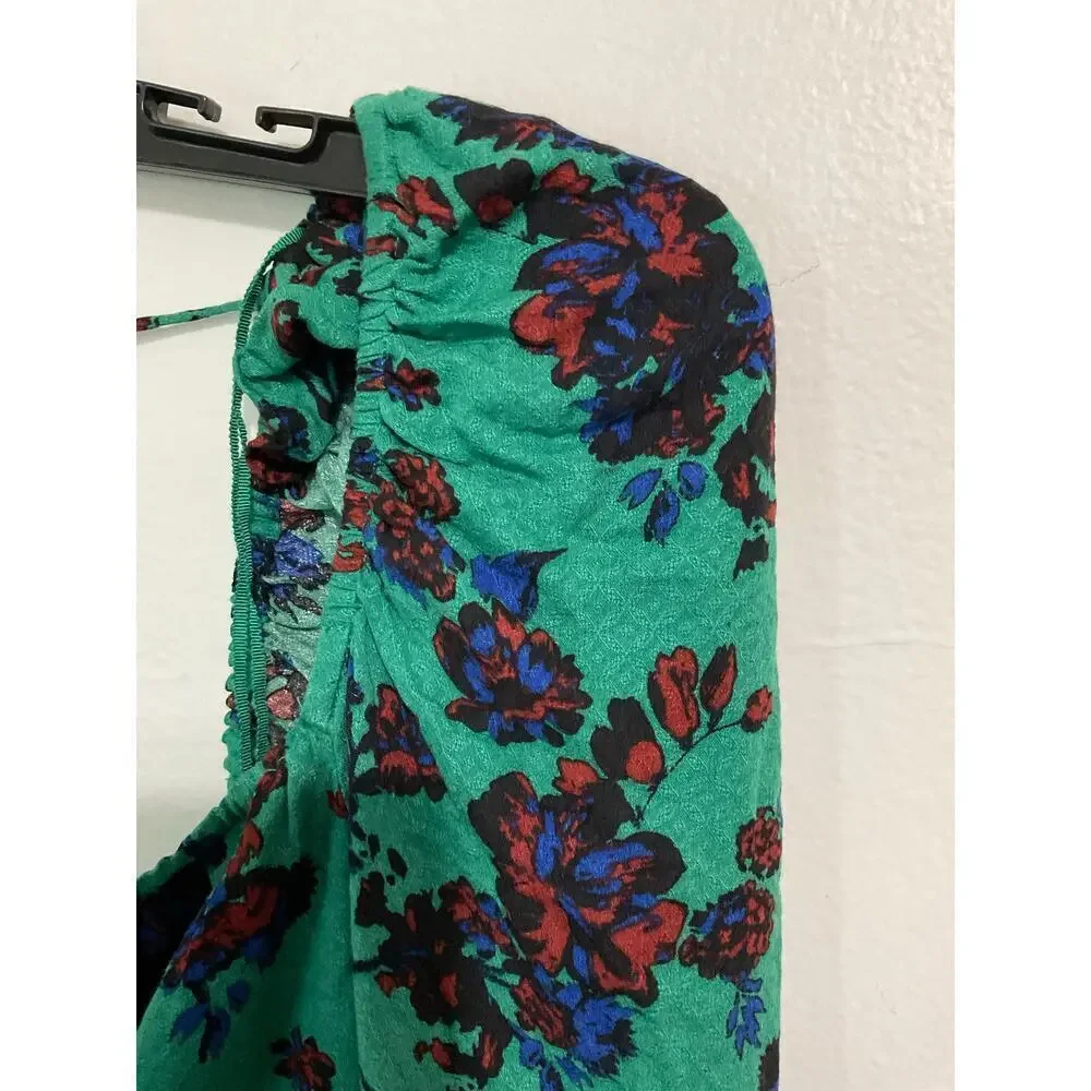 NWT Free People Crop Top Size Small Floral Blouse Puff Sleeve $98 Tie Back Green